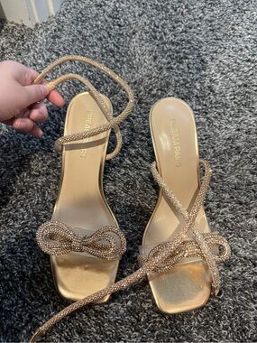 Dream Pairs Gold Rhinestone Bow Strappy Heels